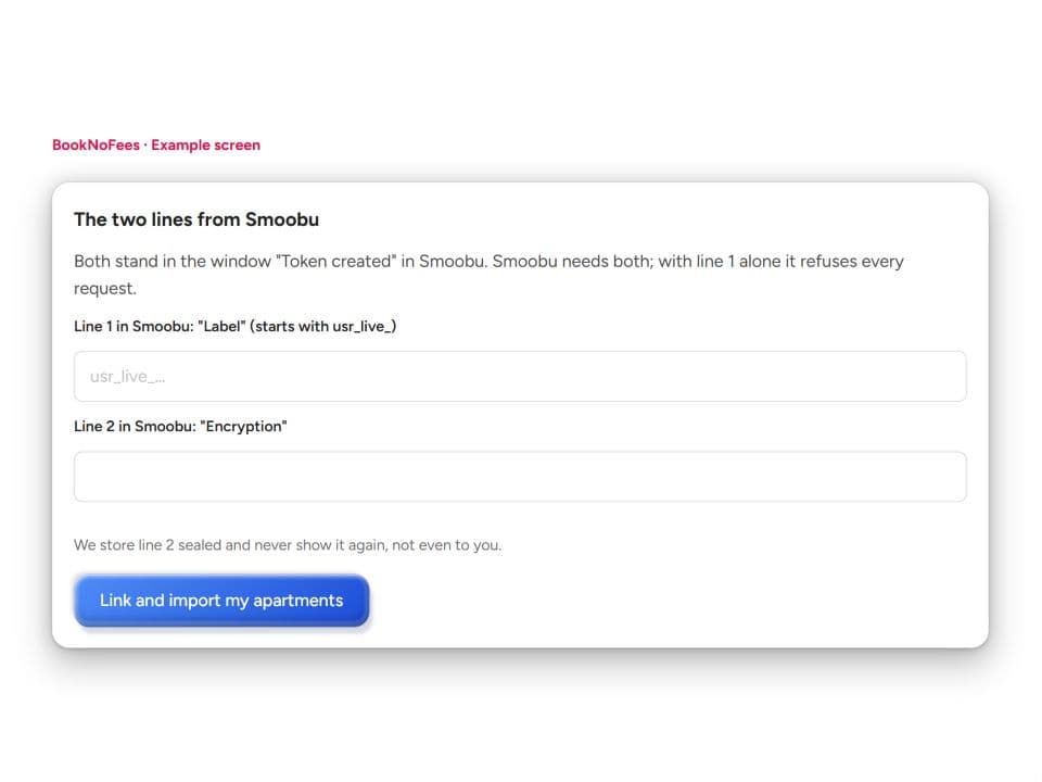BookNoFees Smoobu bağlantı formundaki API anahtarı ve Gizli Anahtar alanları