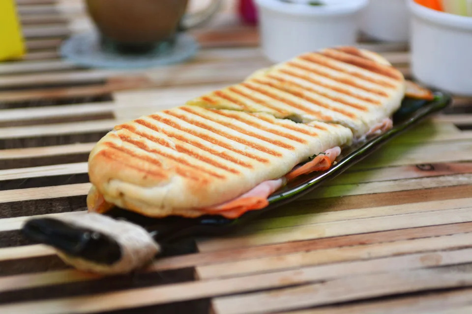 Example photo: A toasted panini with grill marks on a dark plate